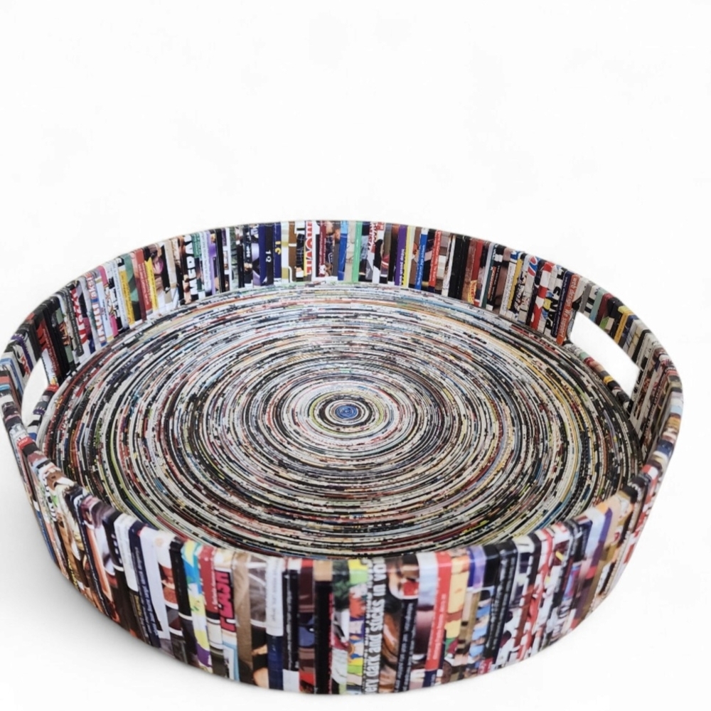 Large Handmade Recycled Magazine Paper Tray Basket 15.5" Boho Catchall Decor - Picture 8 of 9